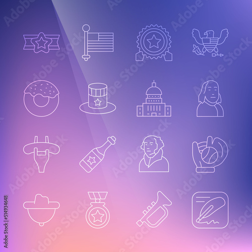 Set line Declaration of independence, Baseball glove with ball, Benjamin Franklin, Medal star, Patriotic American top hat, Donut, Star military and White House icon. Vector