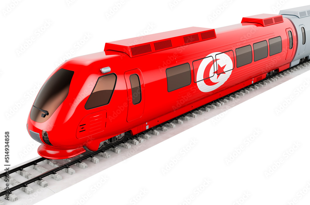 Tunisian flag painted on the high speed train. Rail travel in the Tunisia, concept. 3D rendering Tunisian flag painted on the high speed train. Rail travel in the Tunisia, concept. 3D rendering