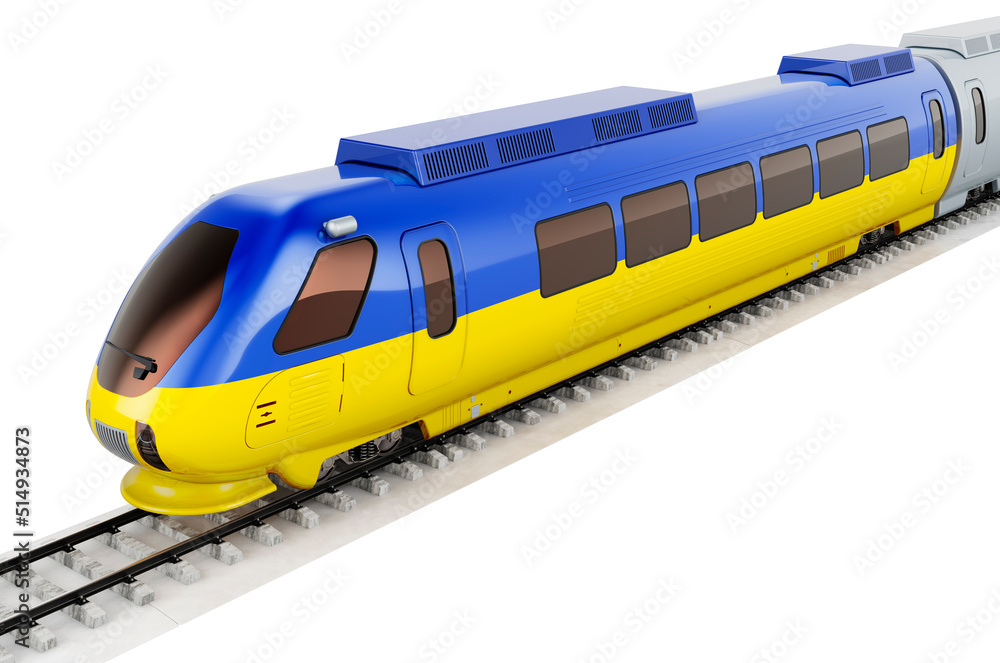 Ukrainian flag painted on the high speed train. Rail travel in the Ukraine, concept. 3D rendering