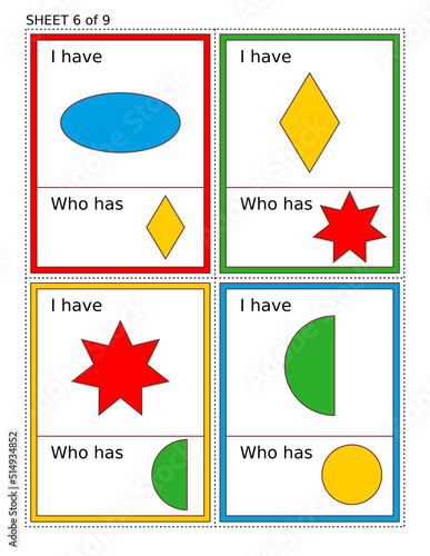 Educational math game for kids - I Have Who Has. One sheet of nine. Learn or reinforce basic shapes and colors. 