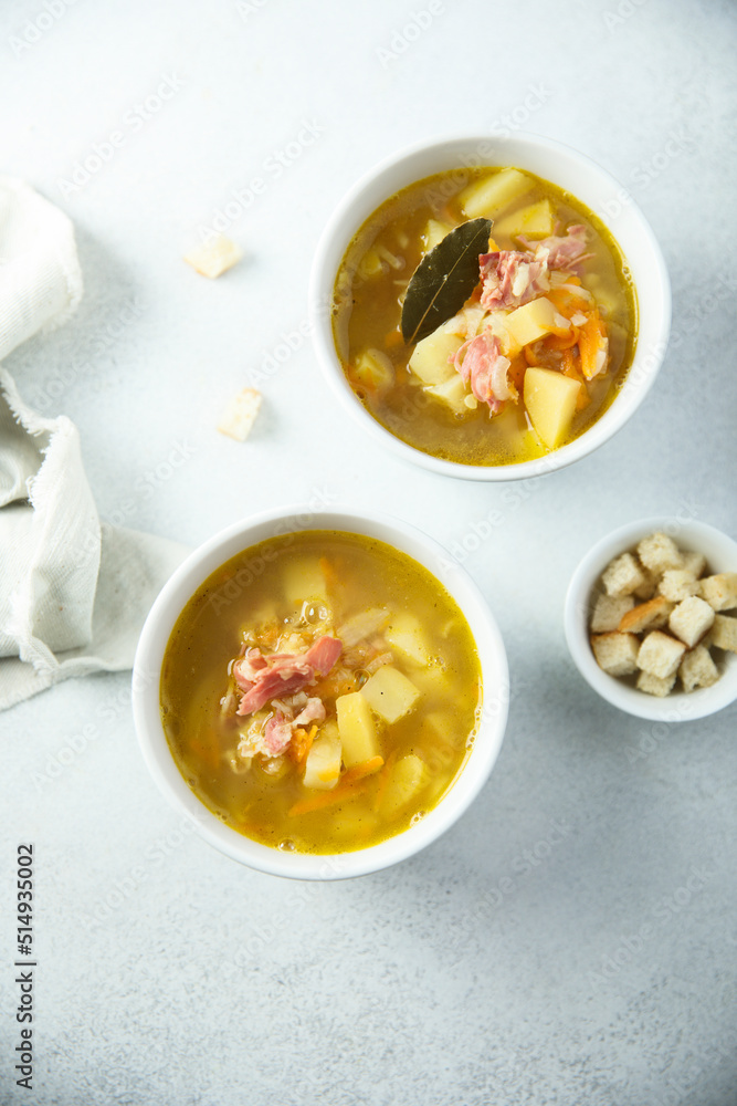Homemade pea soup with smoked bacon Homemade pea soup with smoked bacon