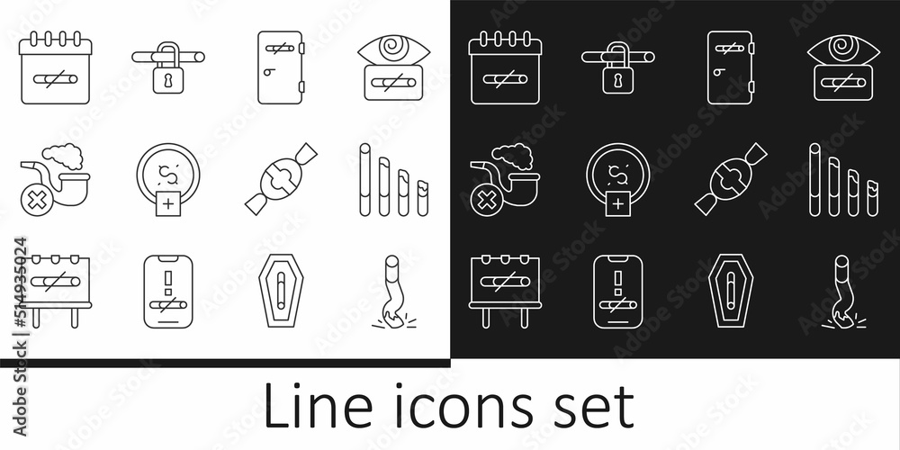 Set line Cigarette butt, Smoking cigarette, No smoking area, Stop smoking, money saving, pipe with smoke, days, Candy and icon. Vector Set line Cigarette butt, Smoking cigarette, No smoking area, Stop smoking, money saving, pipe with smoke, days, Candy and icon. Vector