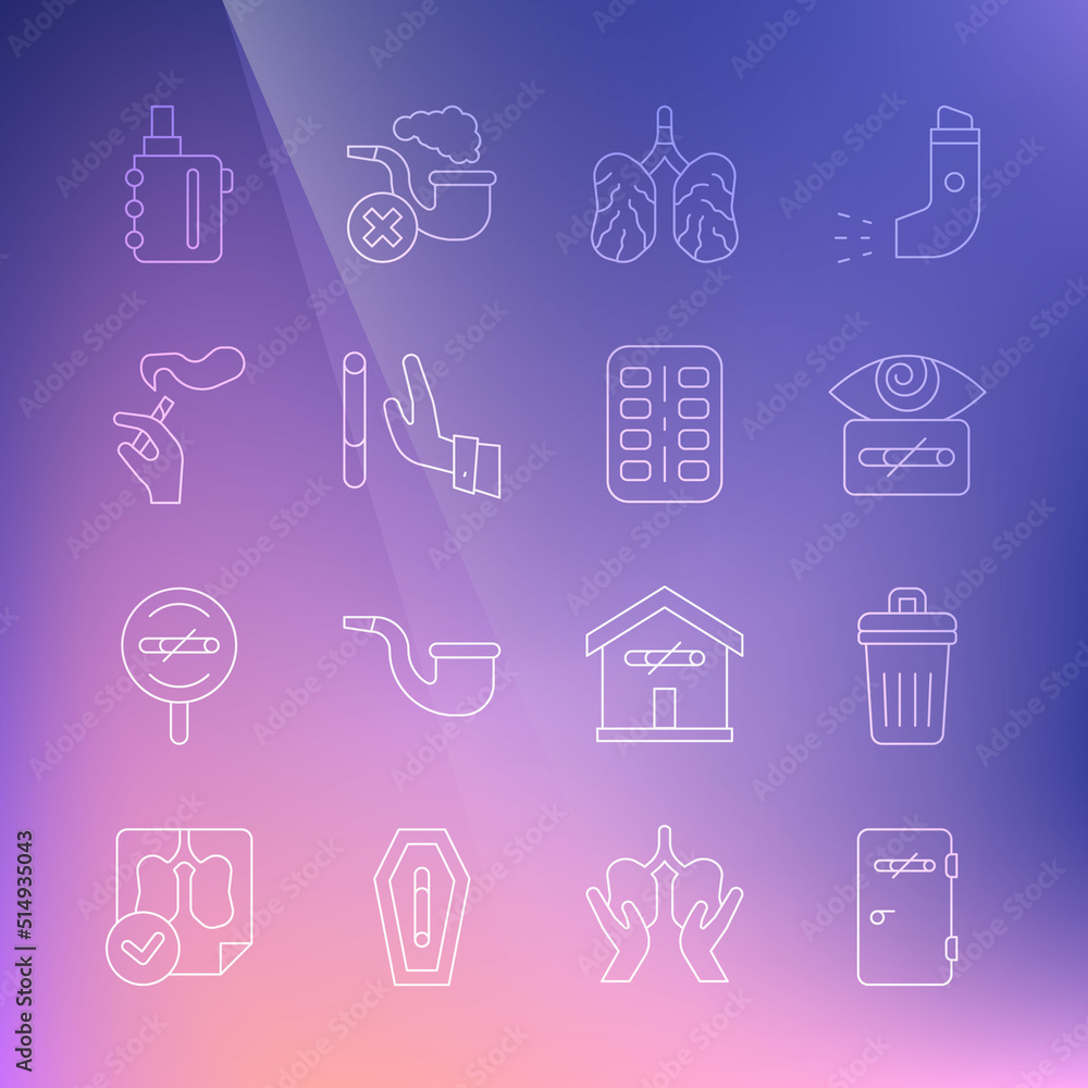 Set line No smoking area, Trash can, Hypnosis, Disease lungs, Giving up cigarette, Hand with, Electronic and Nicotine gum blister pack icon. Vector Set line No smoking area, Trash can, Hypnosis, Disease lungs, Giving up cigarette, Hand with, Electronic and Nicotine gum blister pack icon. Vector