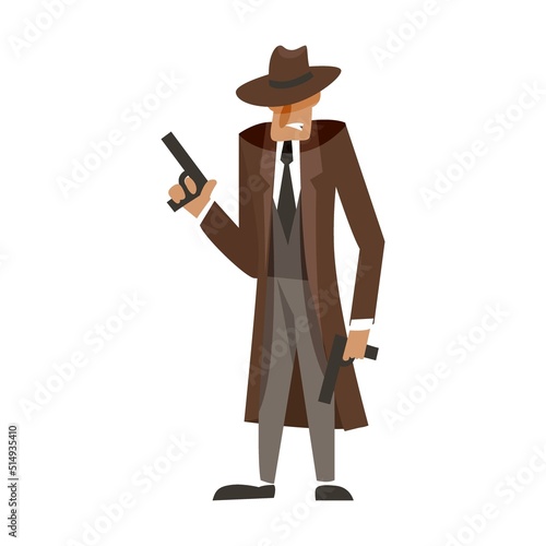 Mafia boss, bodyguard, people in masks with pistols isolated on white. Gangster and mafia cartoon character vector illustration