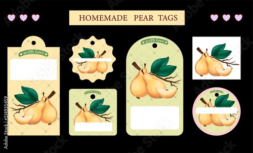 Culinary inscription stickers, pear jam labels. Culinary doodles, cooking tags for canned food or pear vector. Homemade emblems for fruit jam, master class and cafe.