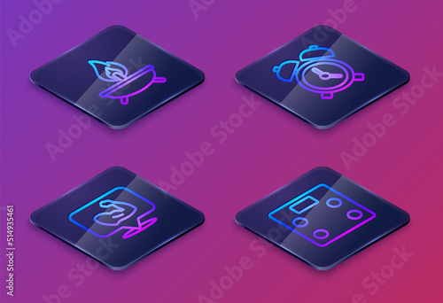 Set Isometric line Aroma candle, Bodybuilder muscle, Alarm clock and Bathroom scales. Blue square button. Vector