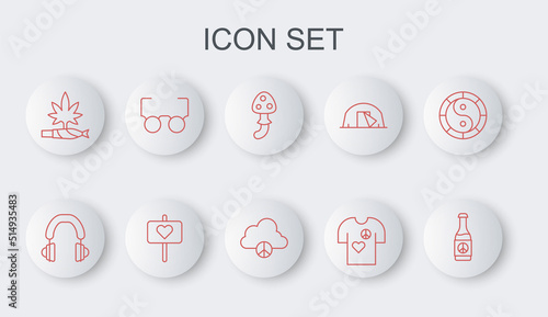 Set line Beer bottle, Headphones, Psilocybin mushroom, Peace t-shirt print stamp, Marijuana joint, spliff, Glasses, and cloud icon. Vector