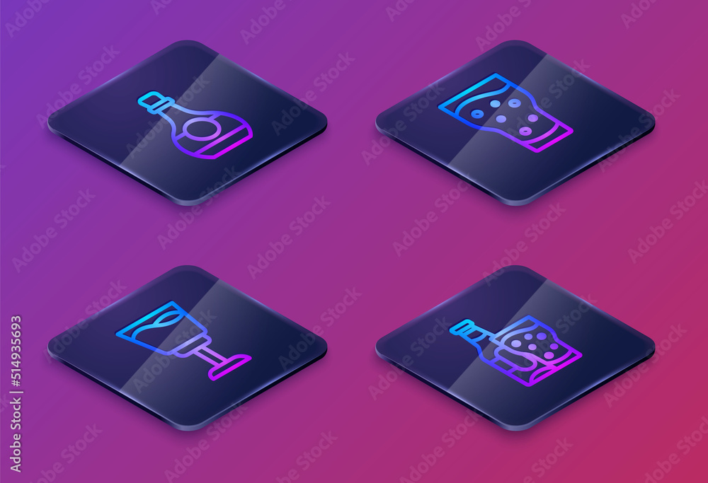 Set Isometric line Bottle of cognac or brandy, Wine glass, Glass beer and Beer bottle. Blue square button. Vector Set Isometric line Bottle of cognac or brandy, Wine glass, Glass beer and Beer bottle. Blue square button. Vector