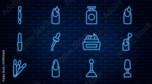 Set line Milling cutter for manicure, Tube of hand cream, Pipette with oil, Nail file, Cuticle pusher, Bottle nail polish and icon. Vector