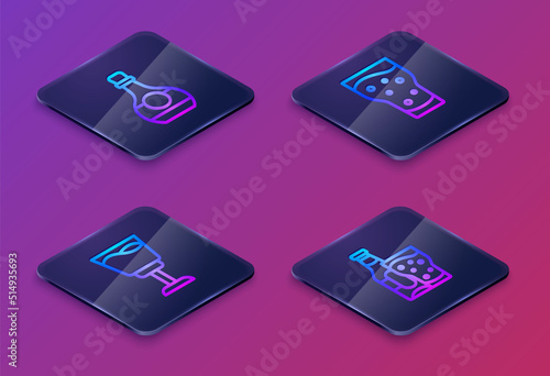 Set Isometric line Bottle of cognac or brandy, Wine glass, Glass beer and Beer bottle. Blue square button. Vector