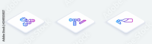 Set Isometric line Mafia, Judge gavel and Cocktail molotov. White square button. Vector