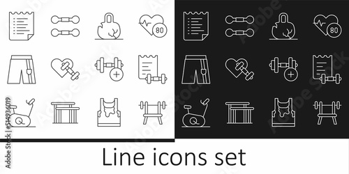 Set line Bench with barbell, Sport training program, Broken weight, Dumbbell heart, Short pants, and icon. Vector