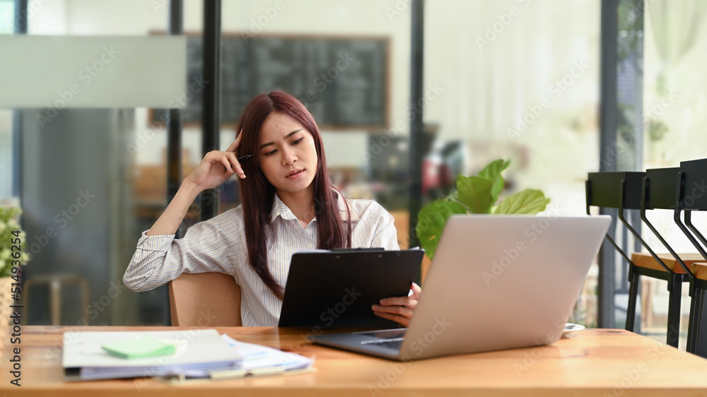Exhausted business woman having problem with difficult online project Exhausted business woman having problem with difficult online project