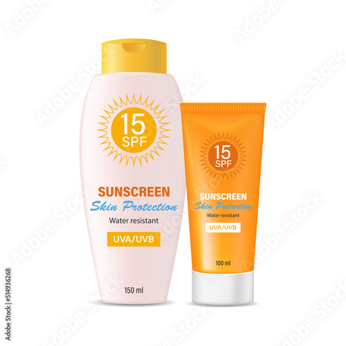 Sunscreen realistic 3D tube and bottle with gel or cream to protect the skin and block UVA, UVB rays. Ready for branding, packaging and advertising design.