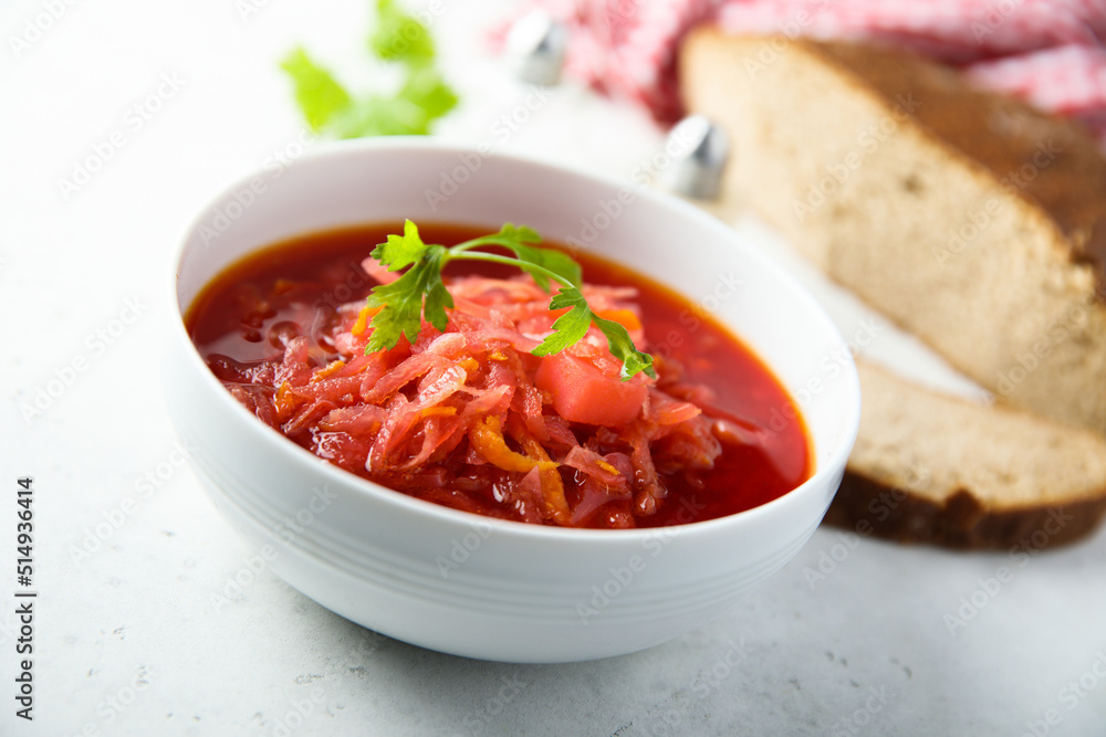Traditional homemade beetroot soup with fresh parsley Traditional homemade beetroot soup with fresh parsley