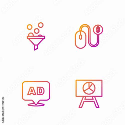 Set line Board with graph chart, Advertising, Lead management and . Gradient color icons. Vector