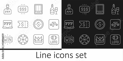 Set line Lottery ticket, Casino slot machine, Laptop and, Lucky player, Coin money with dollar and Money prize casino icon. Vector