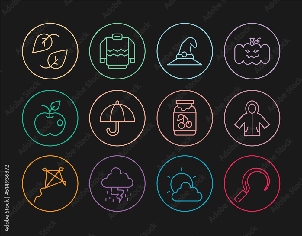 Set line Sickle, Raincoat, Witch hat, Umbrella, Apple, Leaf, Jam jar and Sweater icon. Vector Set line Sickle, Raincoat, Witch hat, Umbrella, Apple, Leaf, Jam jar and Sweater icon. Vector