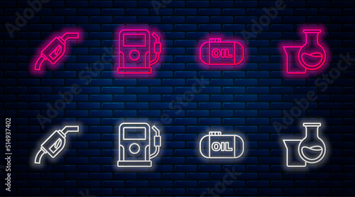 Set line Petrol or gas station, Oil tank storage, Gasoline pump nozzle and petrol test tube. Glowing neon icon on brick wall. Vector