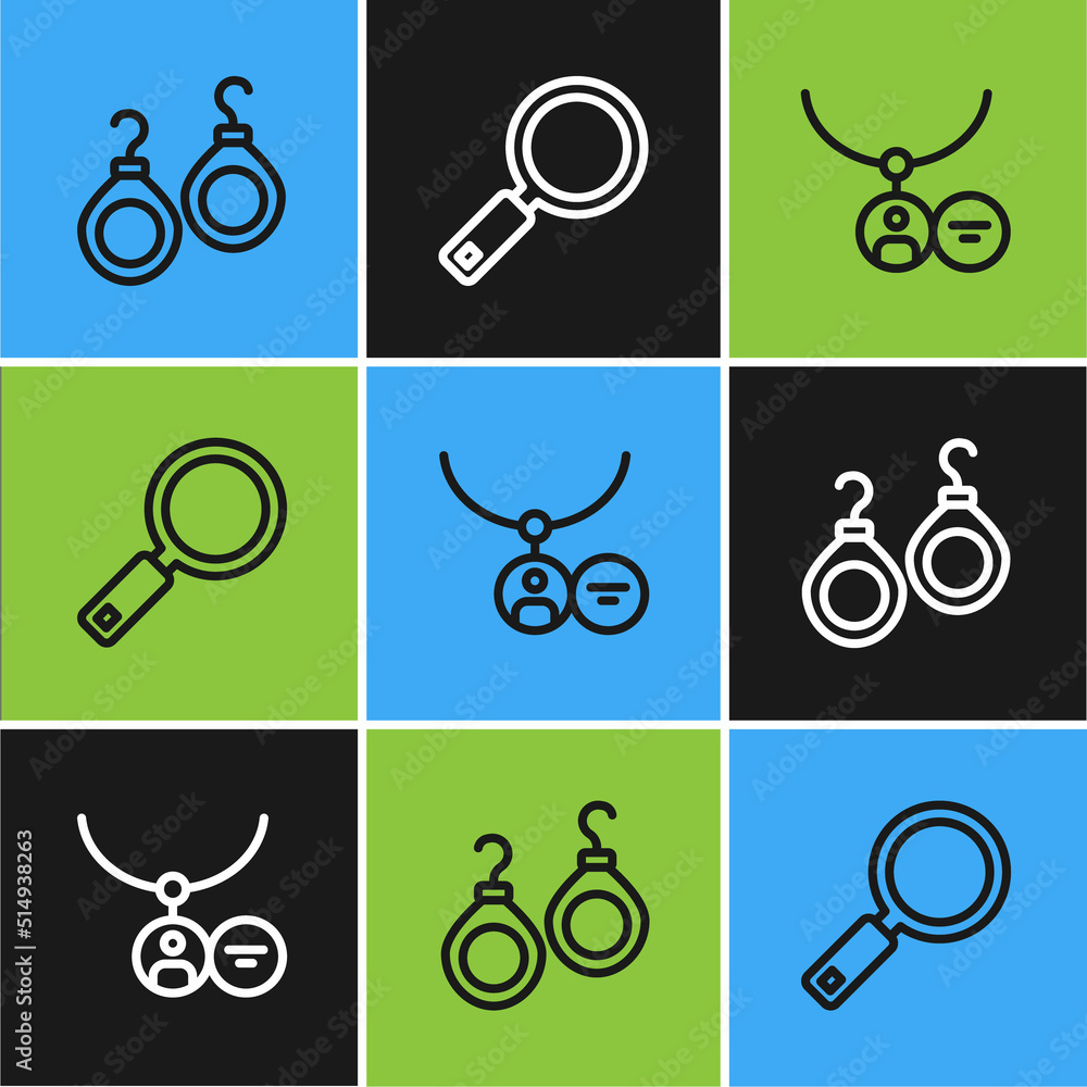Set line Earrings, Locket on necklace and Magnifying glass icon. Vector Set line Earrings, Locket on necklace and Magnifying glass icon. Vector