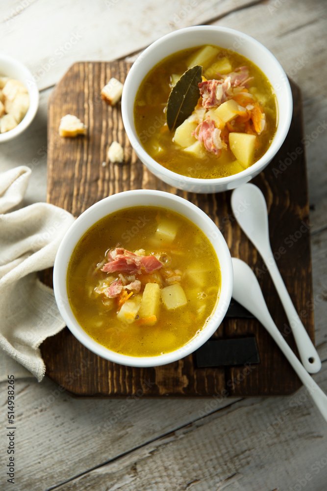 Homemade pea soup with smoked bacon Homemade pea soup with smoked bacon