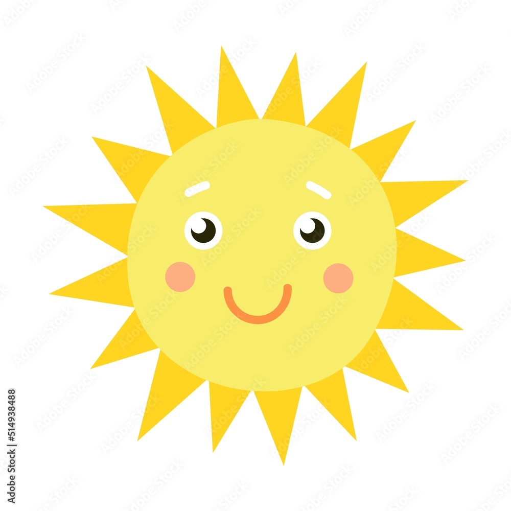 Happy sunshine emodji. Sun flat icon. Isolated vector illustration. Emoticons and summer Happy sunshine emodji. Sun flat icon. Isolated vector illustration. Emoticons and summer
