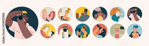 People portrait - Avatars, Taking photos people -Modern flat vector concept illustration of people taking pictures, face portraits, round user avatars. Creative landing web page template