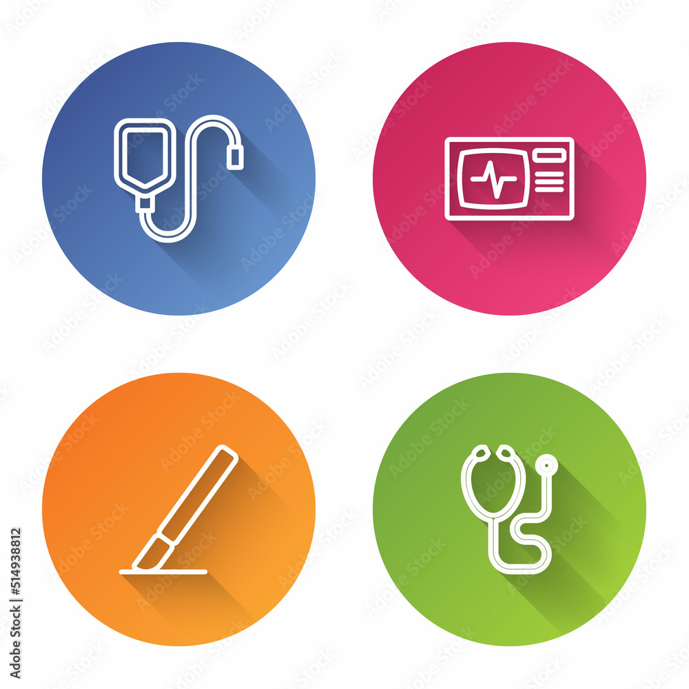 Set line IV bag, Monitor with cardiogram, Surgery scalpel and Stethoscope. Color circle button. Vector Set line IV bag, Monitor with cardiogram, Surgery scalpel and Stethoscope. Color circle button. Vector