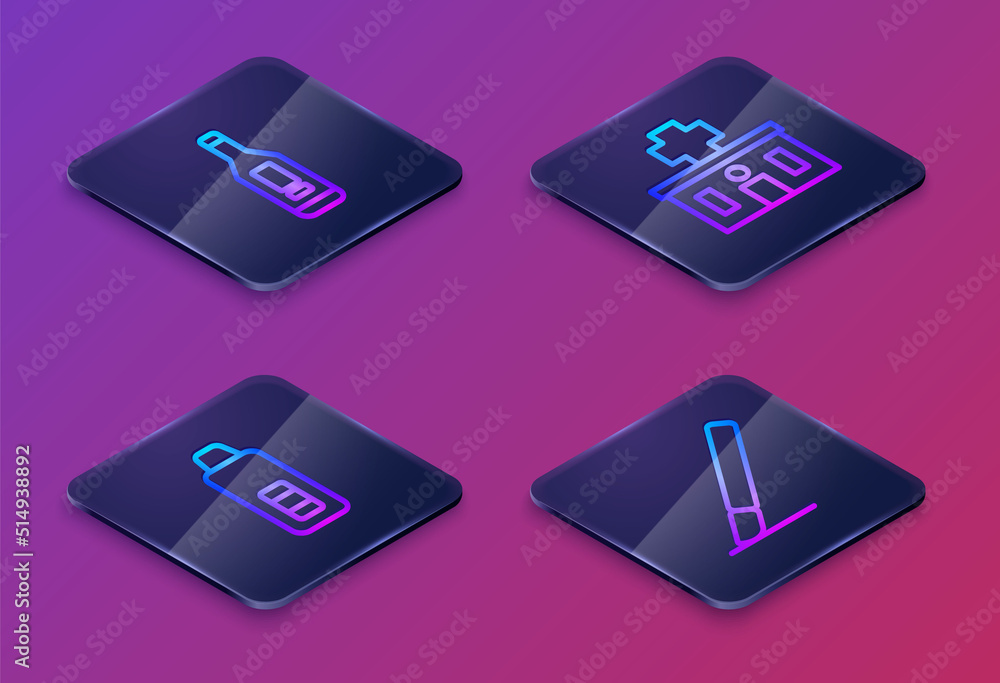 Set Isometric line Digital thermometer, Hospital building and Surgery scalpel. Blue square button. Vector Set Isometric line Digital thermometer, Hospital building and Surgery scalpel. Blue square button. Vector