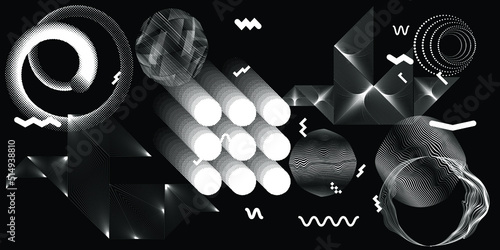 Black and white modern background with halftone dots and lines. Vector design composition with various geometric shapes . Collage of vector design elements .Abstract contemporary art . New modernism .