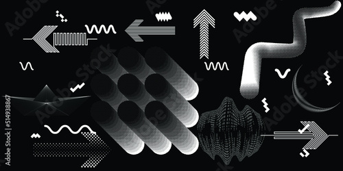 Black and white modern background with halftone dots and lines. Vector design composition with various geometric shapes . Collage of vector design elements .Abstract contemporary art . New modernism .