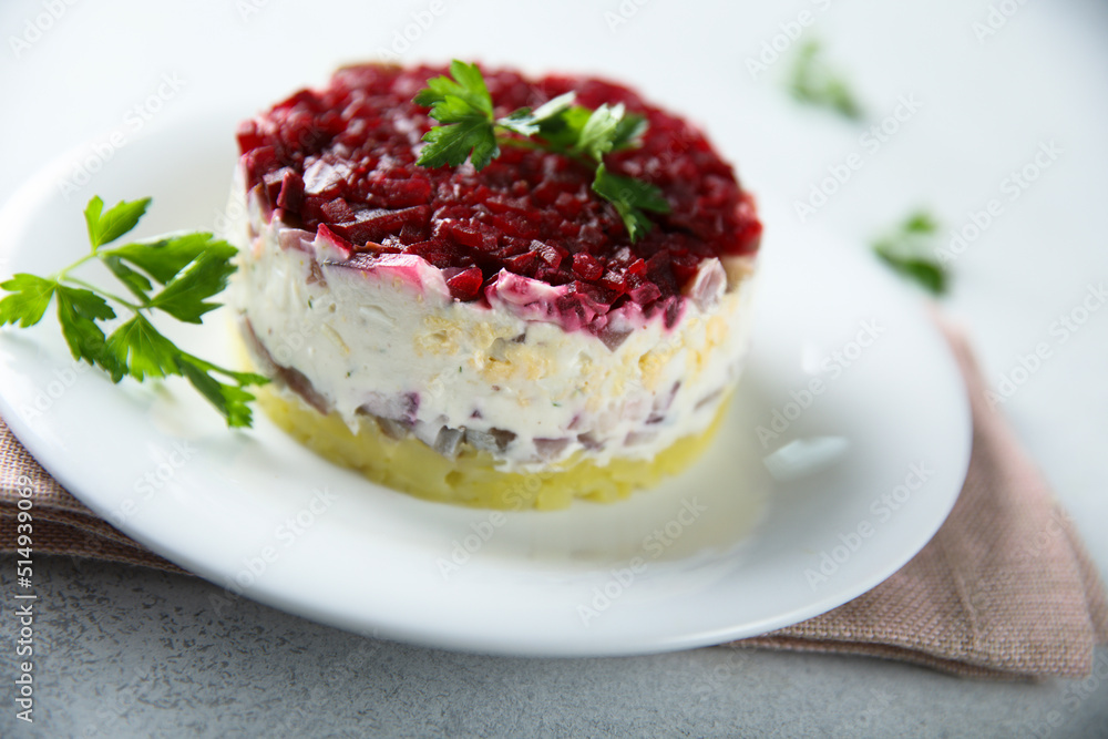 Traditional herring salad with beetroot Traditional herring salad with beetroot