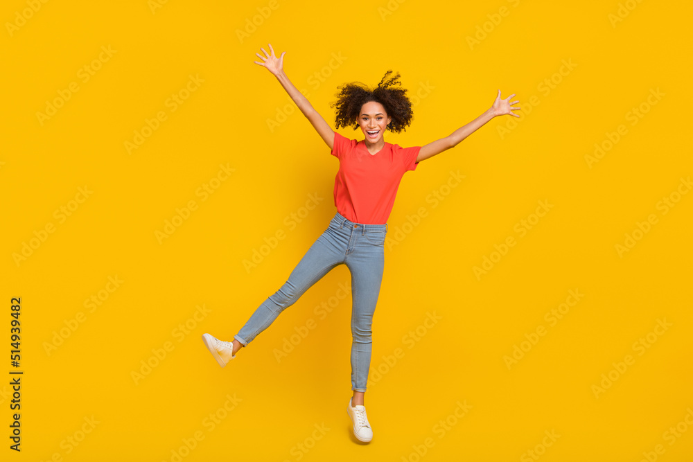 Full size portrait of cheerful pretty person enjoy free time flight travel isolated on yellow color background Full size portrait of cheerful pretty person enjoy free time flight travel isolated on yellow color background