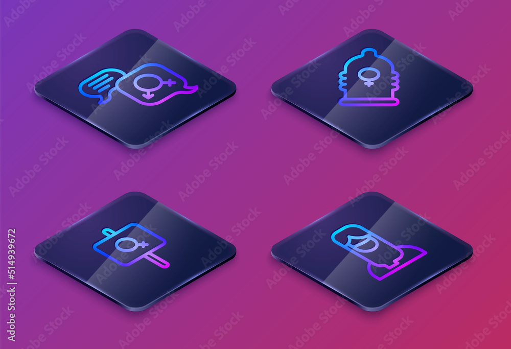 Set Isometric line Gender equality, Feminist activist, Condom and Muslim woman hijab. Blue square button. Vector Set Isometric line Gender equality, Feminist activist, Condom and Muslim woman hijab. Blue square button. Vector