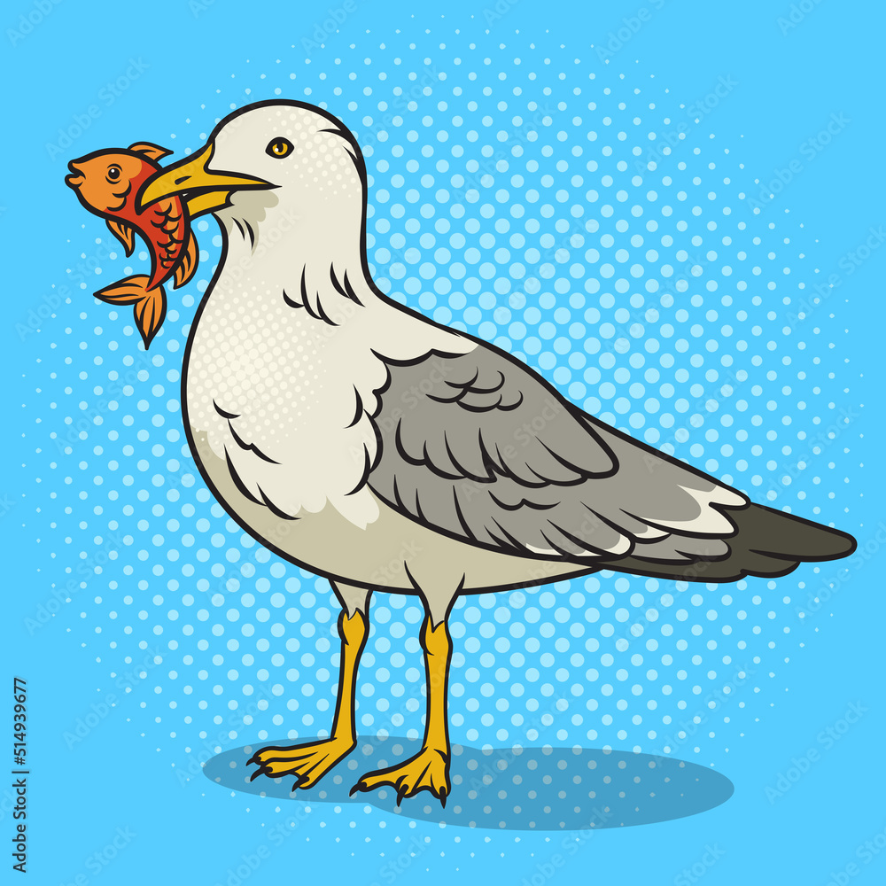 Fototapeta premium Seagull with fish in its beak pop art retro raster illustration. Comic book style imitation.