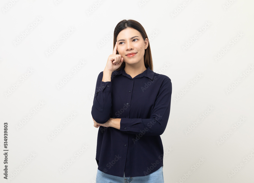 Beautiful mixed race woman thinking. Smiling female standing pose on isolated white background. Attractive Teenage girl around 25 excited and thinking. Beautiful mixed race woman thinking. Smiling female standing pose on isolated white background. Attractive Teenage girl around 25 excited and thinking.