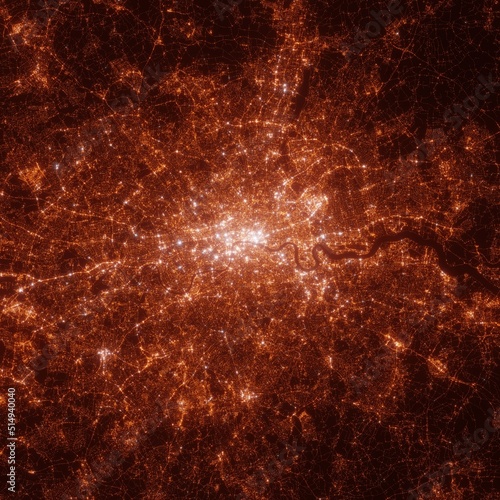 London city lights map, top view from space. Aerial view on night street lights. Global networking, cyberspace
