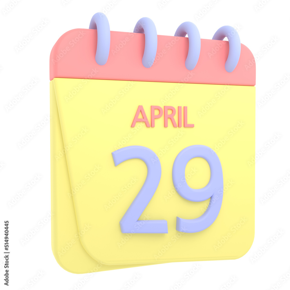 29th April 3D calendar icon. Web style. High resolution image. White background 29th April 3D calendar icon. Web style. High resolution image. White background