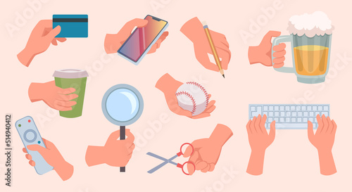 Cartoon hands. Stylized hands gestures sketched human gloves holding different tools and gadgets exact vector illustrations