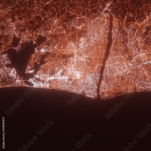 Hamamatsu city lights map, top view from space. Aerial view on night street lights. Global networking, cyberspace
