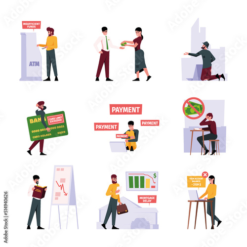 Poor family. Business bankruptcy poverty problems sad stress people garish vector flat illustrations set
