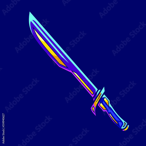 Sword cyberpunk logo line pop art portrait fiction colorful design with dark background. Abstract vector illustration.