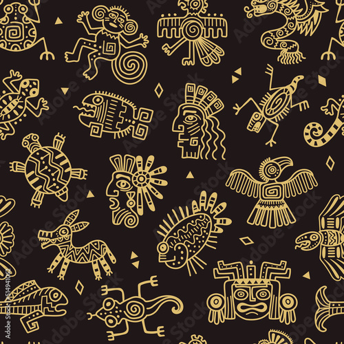 Aztec pattern. Tribal colored graphic symbols authentic mexican objects for textile designs recent vector seamless background