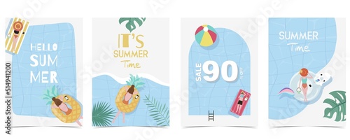 Party summer time postcard with pool and beach in the daytime background