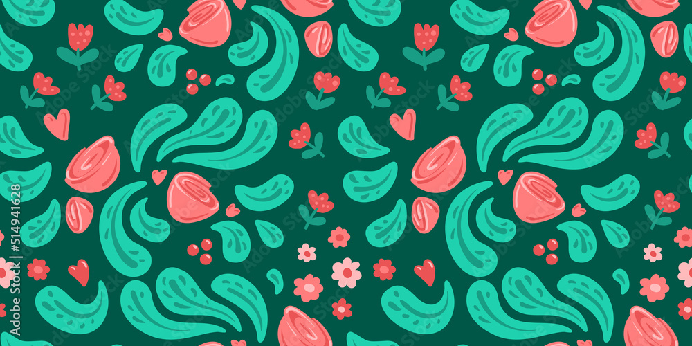 Green seamless pattern with ethnic pattern of pink roses with green leaves. Seamless pattern background for textile, wallpaper, background for notebook cover. Floral doodle pattern. Green seamless pattern with ethnic pattern of pink roses with green leaves. Seamless pattern background for textile, wallpaper, background for notebook cover. Floral doodle pattern.