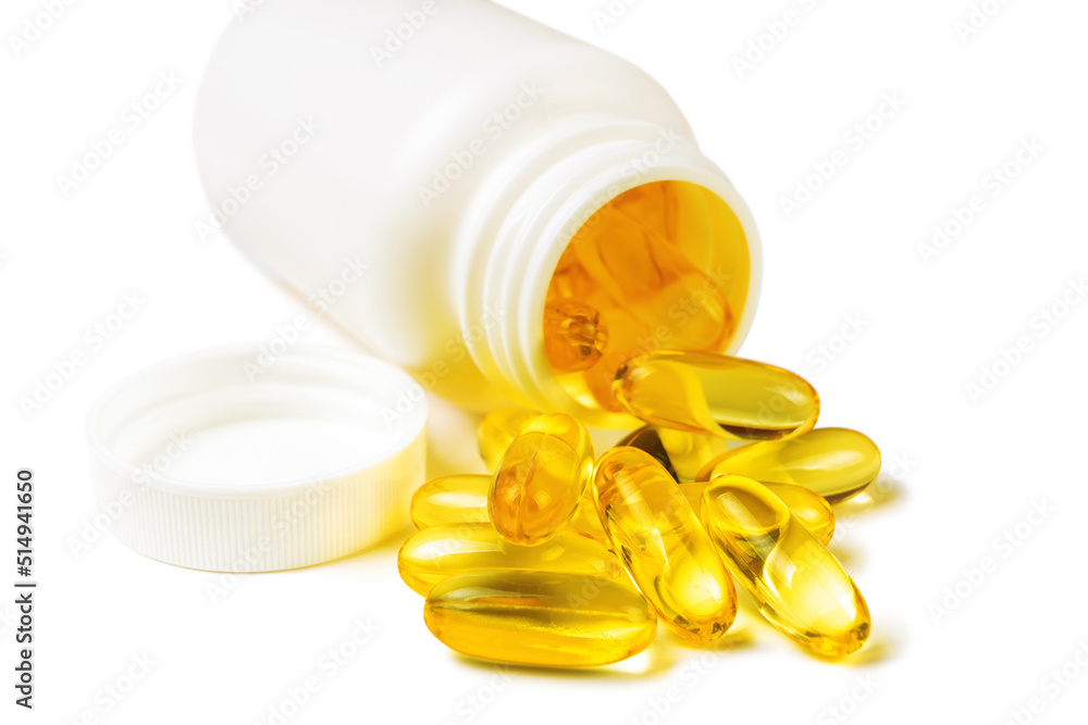 Omega 3 fish oil supplement softgel capsules in bottle, isolated on white background mockup. Health care, diet, heart cardiovascular support , skin care, pharmacy concept Omega 3 fish oil supplement softgel capsules in bottle, isolated on white background mockup. Health care, diet, heart cardiovascular support , skin care, pharmacy concept
