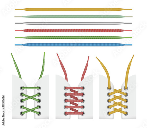 Textile shoelace. Colorful collection of fashioned shoelaces ropes decent vector pictures set