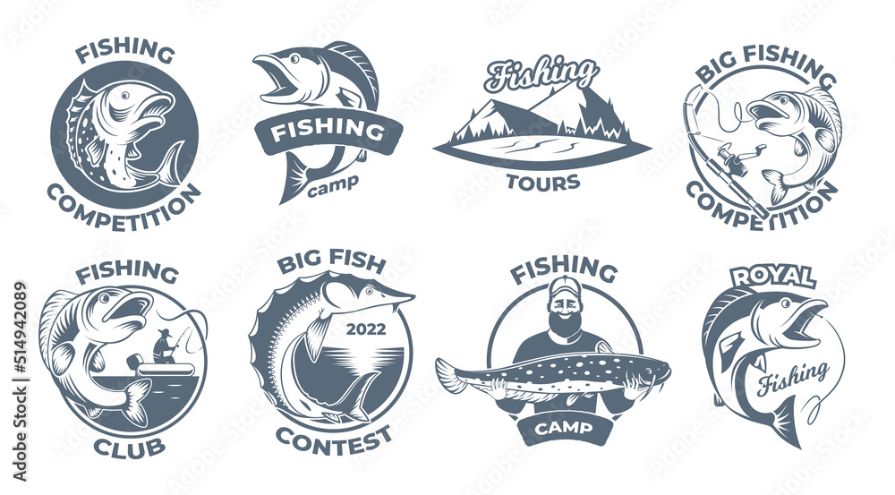 Sport fishing. Hook for ocean fish big fishing rod exact vector stylized badges design with place for text