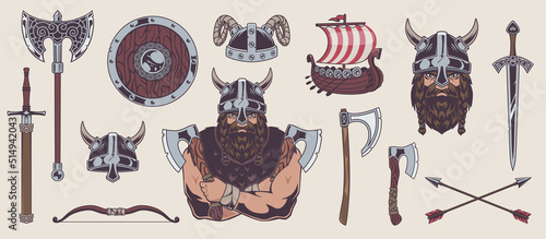 Vikings. Ancient barbarians with aggressive weapons and armors elements sword axe exact vector viking warrior