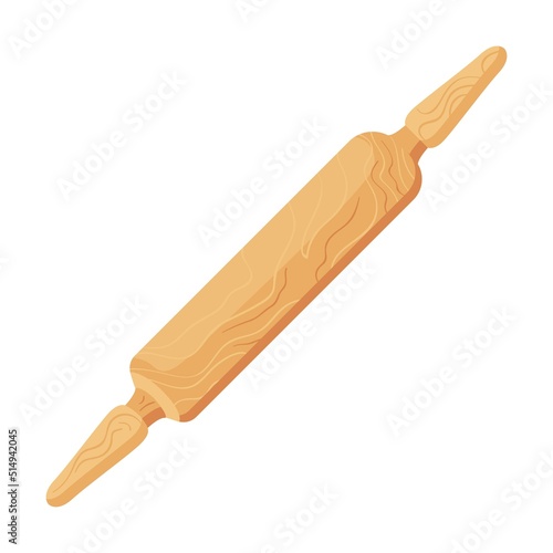 Wooden rolling pin for dough. Cooking equipment, mixer, flour, different kinds of bread isolated on white. Vector illustration